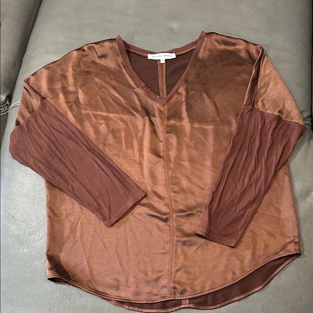 Melissa Nepton Brown V-Neck Women's Satin Top. Size M.